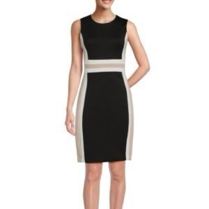 Calvin Klein Color block Sheath Scuba Black Tan White Midi Dress NWT